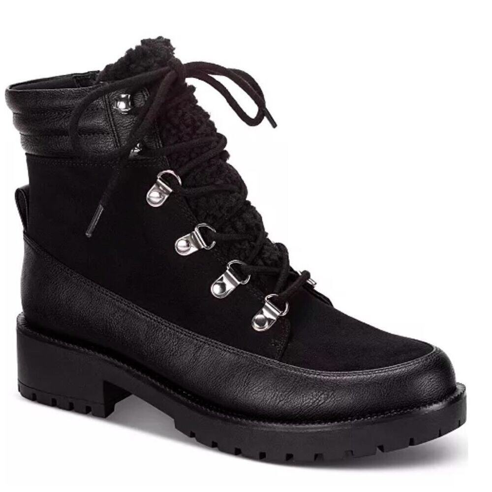Style & Co Winter Boots Size 9.5 Black Lace Up Block Heel Memory‎ Foam Comfort